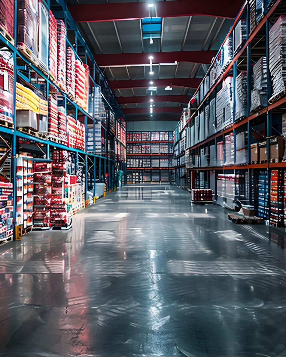 Warehouse aisle lined with racked inventory in a specialized fulfillment operation