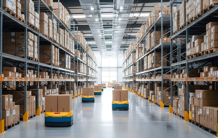 Warehouse aisle with racked cartons and automated floor robots